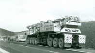 Importation of the new Demag TC 1200 crane to Czechoslovakia over the Rozvadov frontier crossing directly to the first construction site of the Čížkovice cement plant (1974)